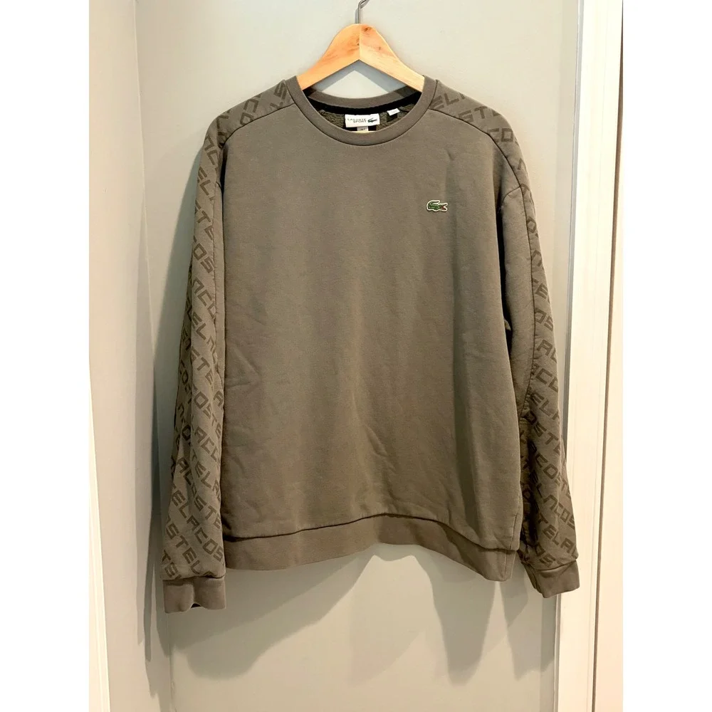 Lacoste Sport Mens XXL Olive Green Logo Tape‎ Sleeve Fleece Crewneck Sweatshirt